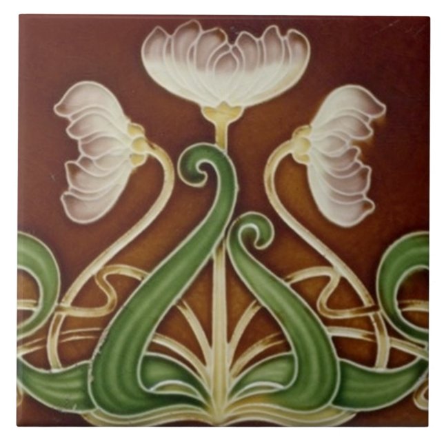 Carreau de céramique - Fleurs blanches avec feuill (Devant)