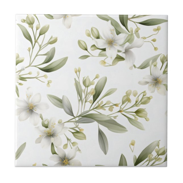 Carreau de céramique floral blanc vert sauge (Devant)