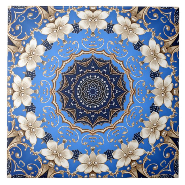 Carreau de céramique floral bleu or (Devant)
