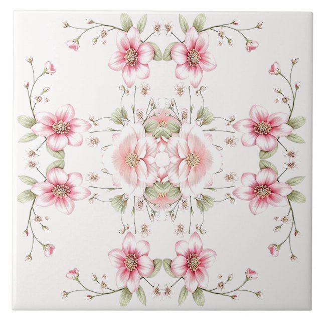 Carreau de céramique floral élégant rose blanc (Devant)