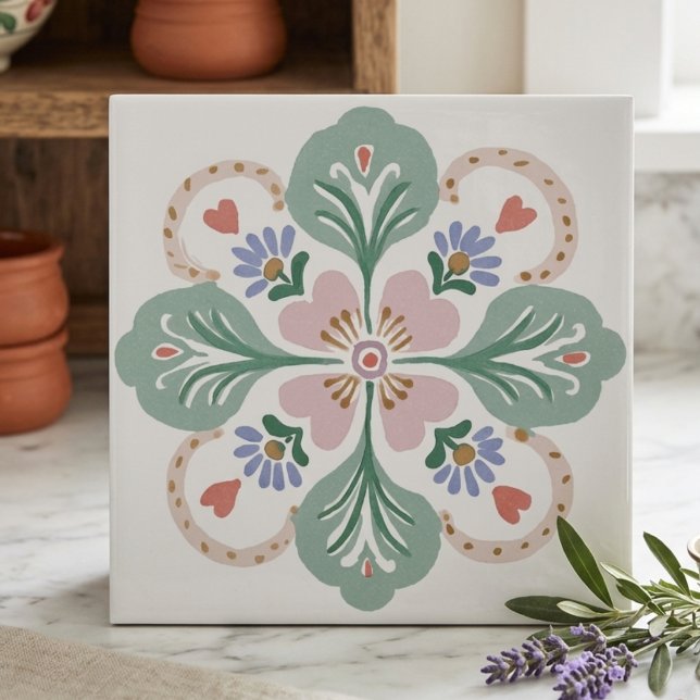Carreau de céramique floral pastel rose et vert d' (Pastel Pink and Green Folk Art Floral Ceramic Tile)