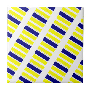 Carreau de céramique jaune et bleu à rayures blanc