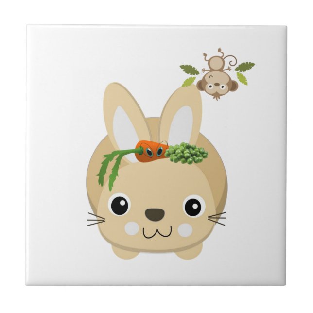 Carreau de céramique Lapin Singe Floral (Devant)