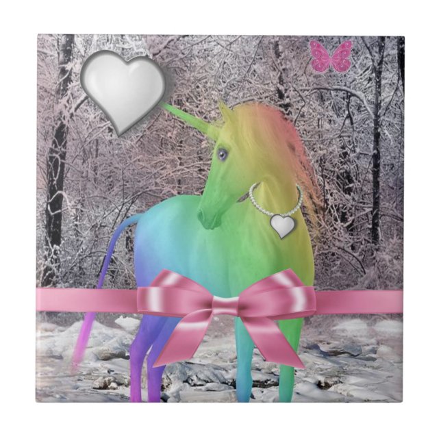 Carreau de céramique Licorne Rose Ruban (Devant)