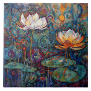 Carreau de céramique lotus et nénuphars