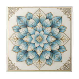Carreau de céramique mandala floral bleu or élégan