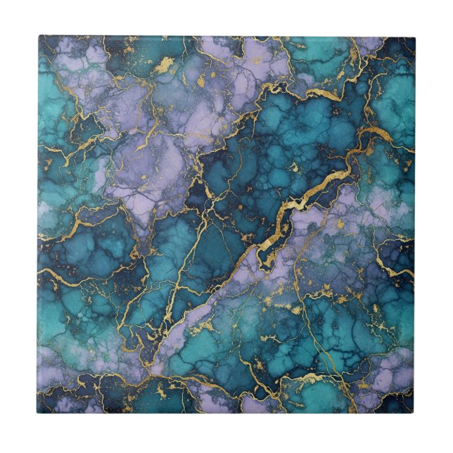 Carreau de céramique marbré turquoise et violet (Devant)