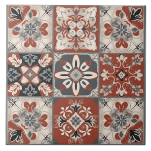 Carreau de céramique méditerranéen rouge et gris