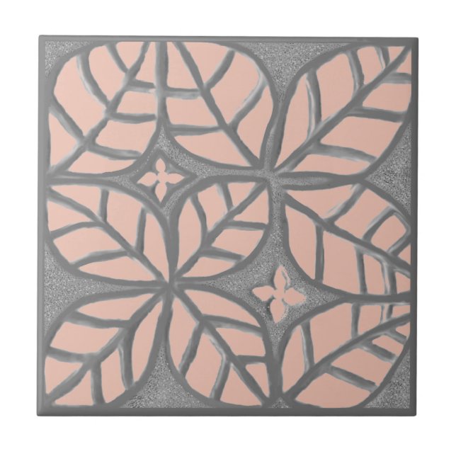 Carreau de céramique, motif feuille pêche et gris (Devant)
