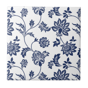 Carreau de céramique - Motif floral bleu et blanc