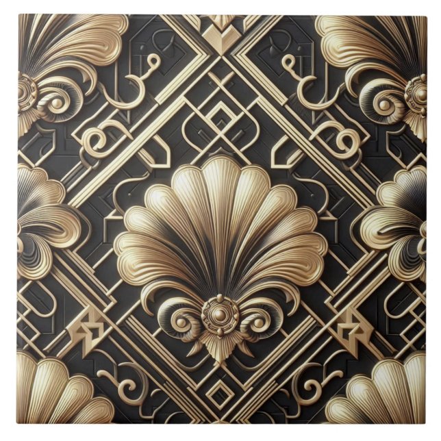 Carreau de céramique noir et or Art déco de luxe (Devant)