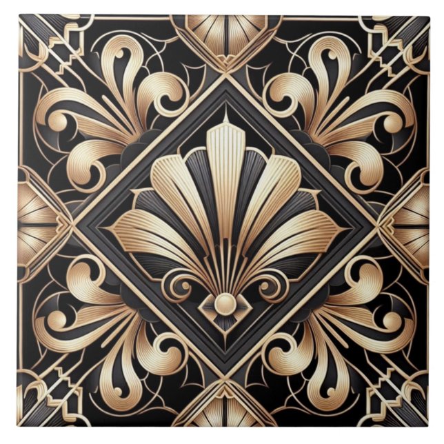 Carreau de céramique noir et or Art déco de luxe (Devant)