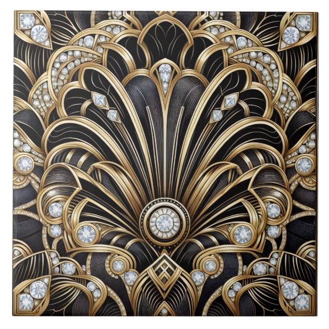 Carreau de céramique noir et or de luxe Art Déco (Devant)