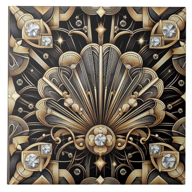 Carreau de céramique noir et or de luxe Art déco (Devant)