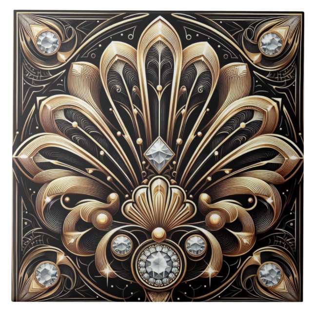 Carreau de céramique noir et or de luxe Art Déco (Devant)