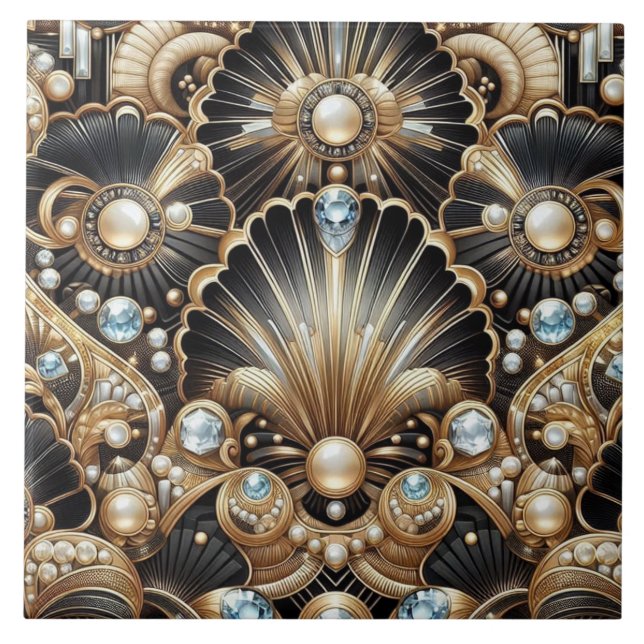 Carreau de céramique noir et or de luxe Art Déco (Devant)