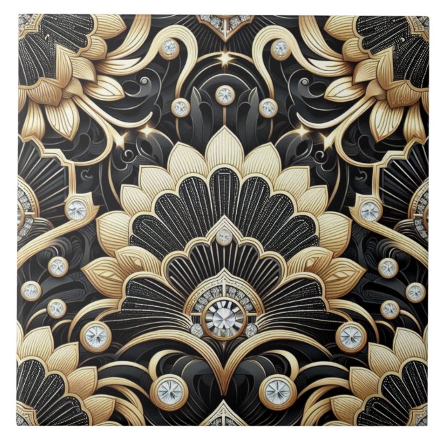 Carreau de céramique noir et or de luxe Art Déco (Devant)