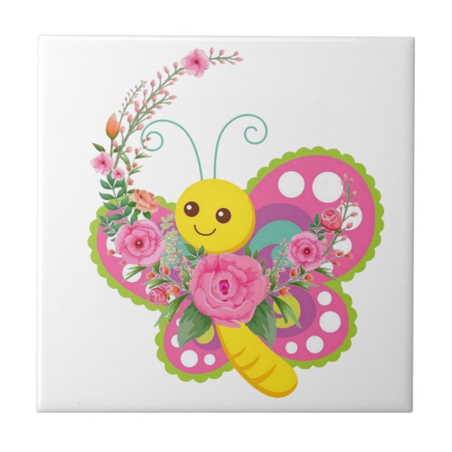 Carreau de céramique Papillon floral blanc (Devant)