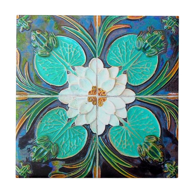 Carreau de céramique portugais grenouille lotus bl (Devant)