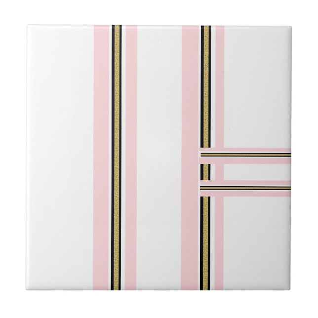 Carreau de céramique rose et blanc rayure noire or (Devant)