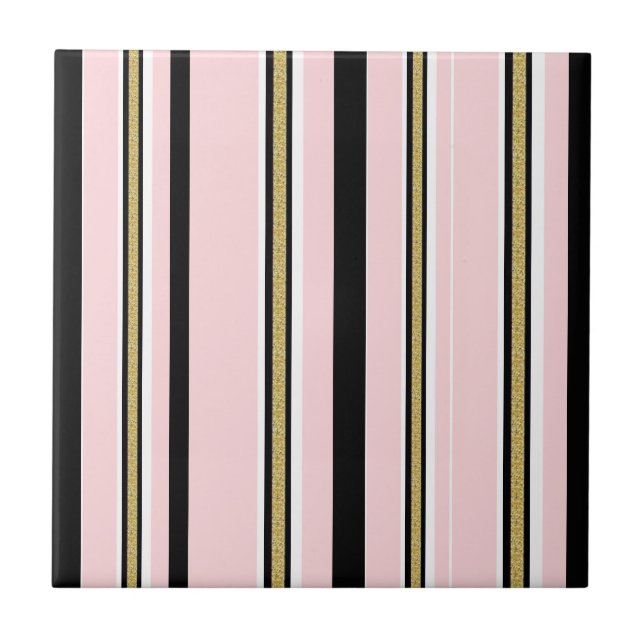 Carreau de céramique rose et blanc rayure noire or (Devant)