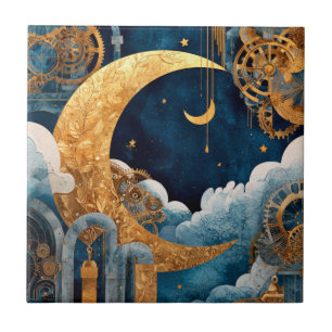Carreau de céramique Steampunk Lune à l'aquarelle