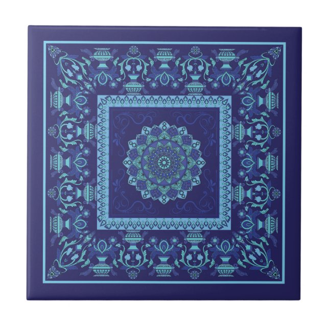 Carreau de céramique tons bleus à motif islamique (Devant)