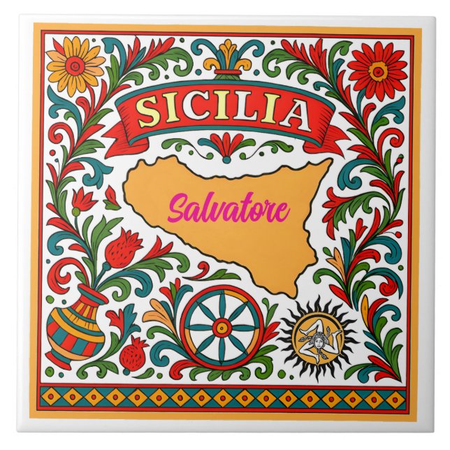 Carreau de design sicilien Sicilia (personnaliser  (Devant)