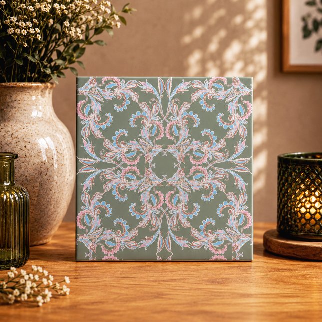 Carreau de filigrane floral orné en vert ardoise (Créateur téléchargé)