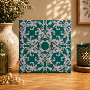 Carreau de filigrane floral orné en vert chasseur 