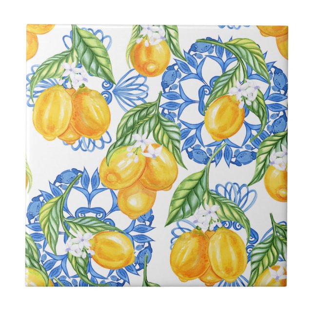 Carreau de majolique bleu et citrons à l'aquarelle (Devant)