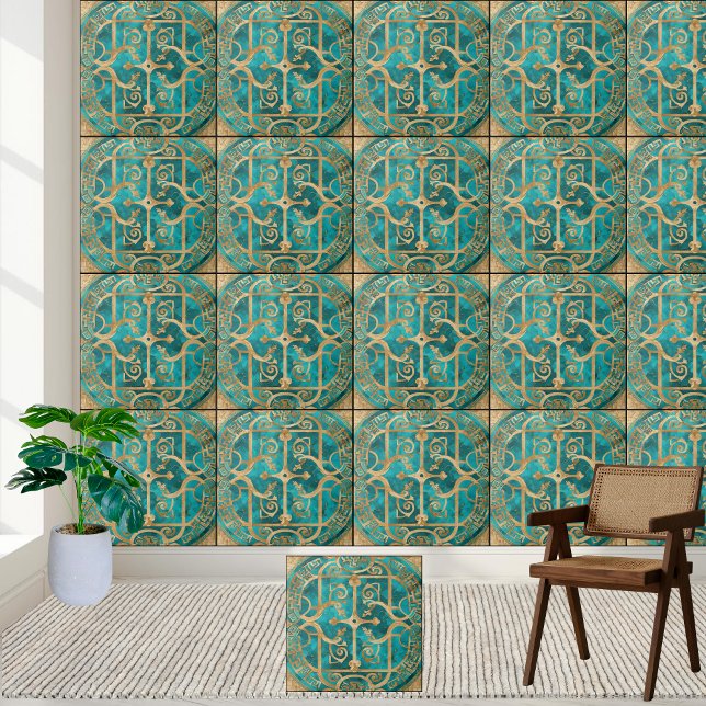 Carreau de Motif de clé grecque antique - Turquois (Ancient Greek Key Pattern Tile - Teal and Gold)