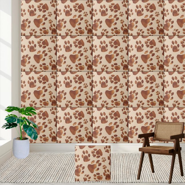 Carreau de Motif Empreinte de patte Brown (Cute Brown Paw Print Pattern Tile)