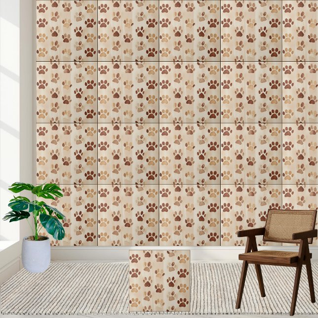 Carreau de Motif Empreinte de patte neutre (Neutral Tone Paw Print Pattern Tile)
