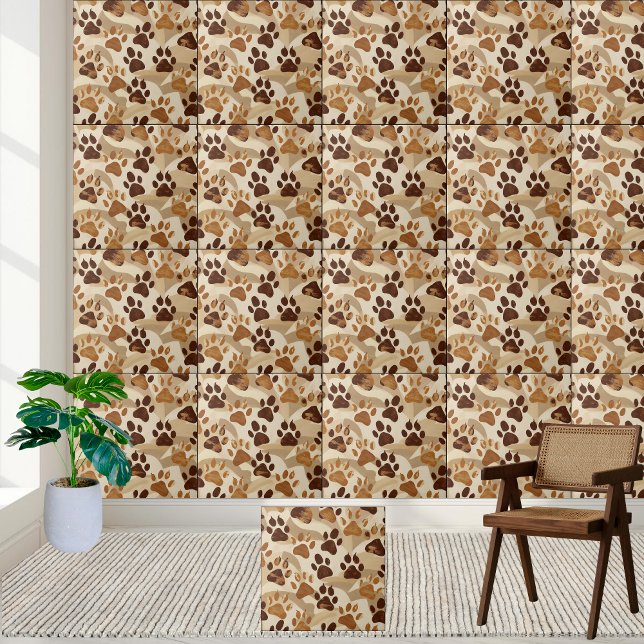 Carreau de Motif Empreinte de patte neutre (Neutral Earth Tone Paw Print Pattern Tile)