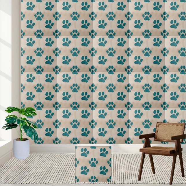 Carreau de Motif Empreinte de patte Turquoise (Cute Teal Paw Print Pattern Tile)