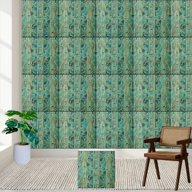 Carreau de Motif Turquoise et Gold de clé grecque  (Sophisticated Teal and Gold Greek Key Pattern Tile)