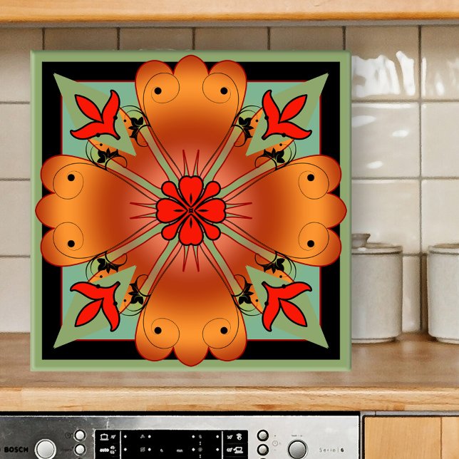 Carreau Déco Cuisine florale artistique ou carrelage de sa (Colorful abstract floral geometric design kitchen tile in warm burgundy and soft green)
