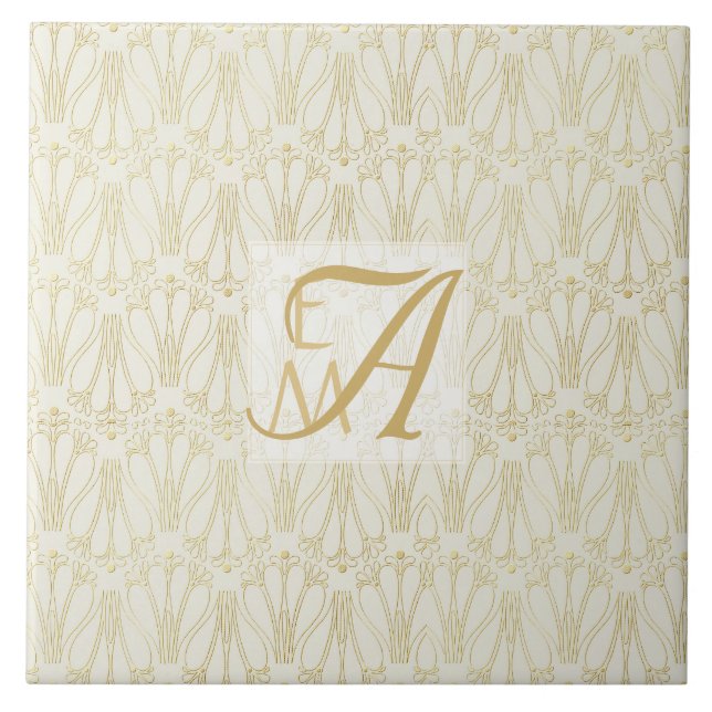 Carreau Décor 3 Monogrammes Art Déco Gold Cream Newlyweds (Devant)