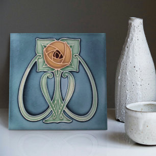 Carreau Décor bleu Peony jaune Art Nouveau Art Déco