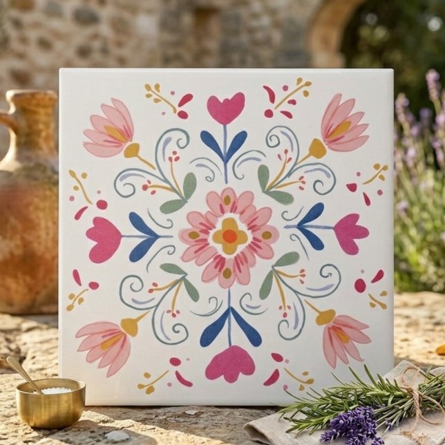 Carreau Décor botanique doux rose et bleu, art folklorique (Pink and Blue Soft Botanical Folk Art Decorative Ceramic Tile)