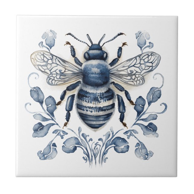 Carreau Décor d'abeilles de style Delft bleu et blanc avec (Devant)