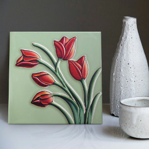Carreau Décor de mur de tulipe rouge Art Nouveau Art Déco