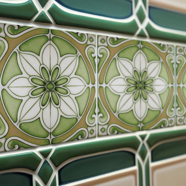 Carreau Décor de mur fleuri vert Art Nouveau (Créateur téléchargé)
