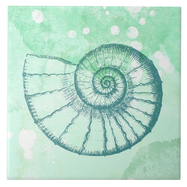 Carreau Décor de plage spirale coquillage aquarelle bleue (Devant)