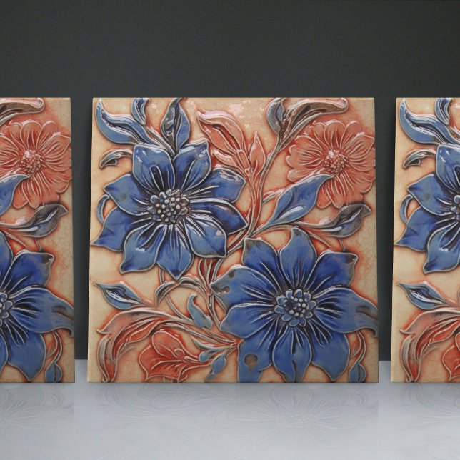 Carreau Décor floral bleu marine brûlé orange (Créateur téléchargé)
