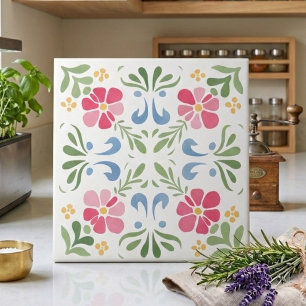 Carreau Décor floral de prairie printanière rose et vert