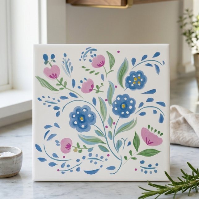 Carreau Décor floral folklorique bleu et rose (Blue and Pink Folk Art Floral Decorative Ceramic Tile
)