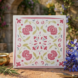 Carreau Décor floral folklorique rose et olive