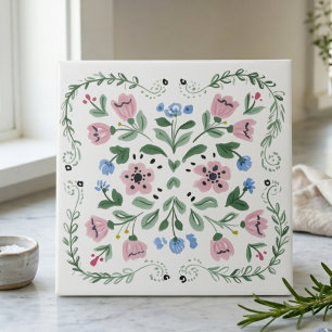 Carreau Décor floral folklorique rose, vert et bleu